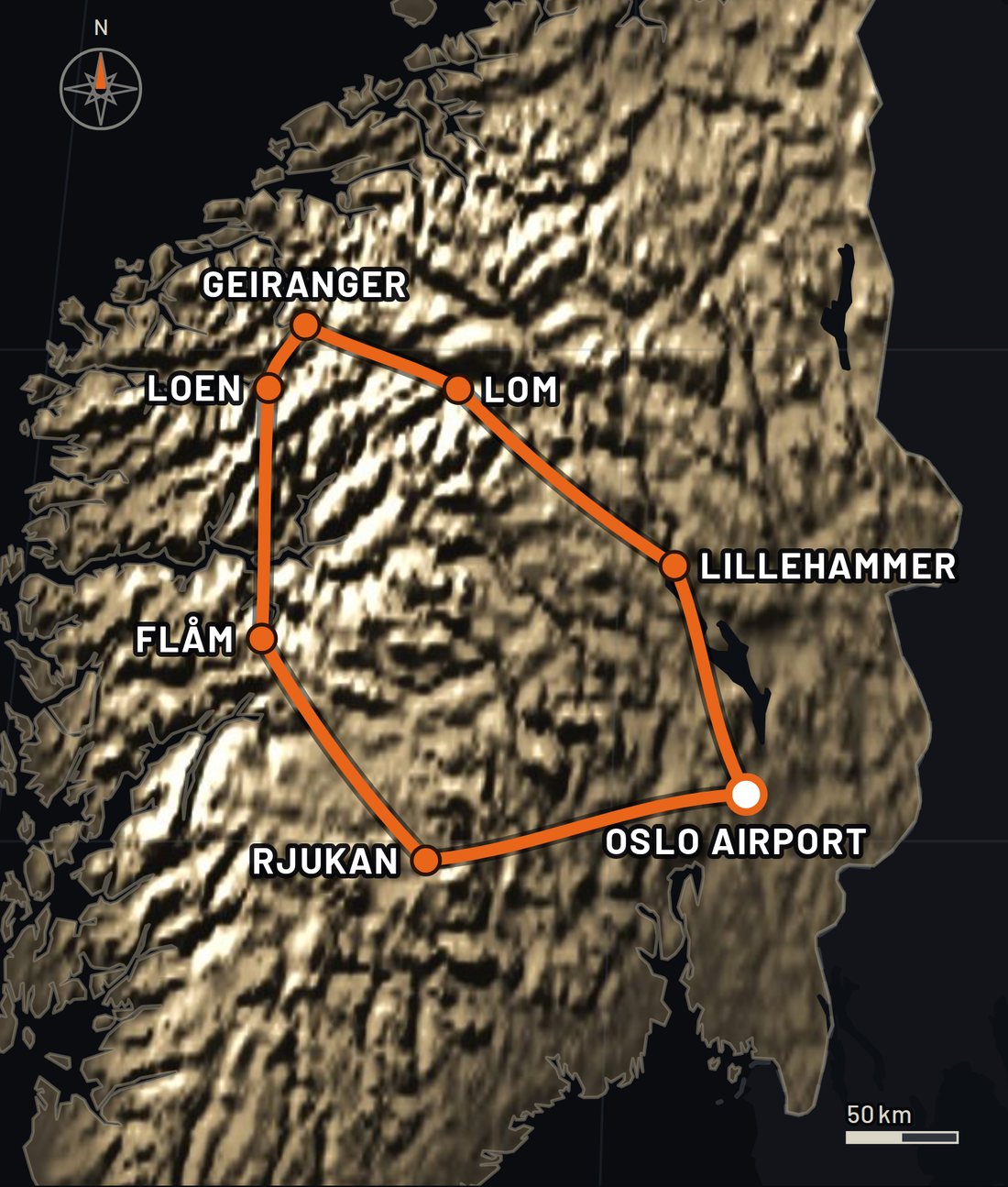 Example of an own route on the map: Oslo Airport, Rjukan, Flåm, Loen, Geiranger, Lom and Lillehammer